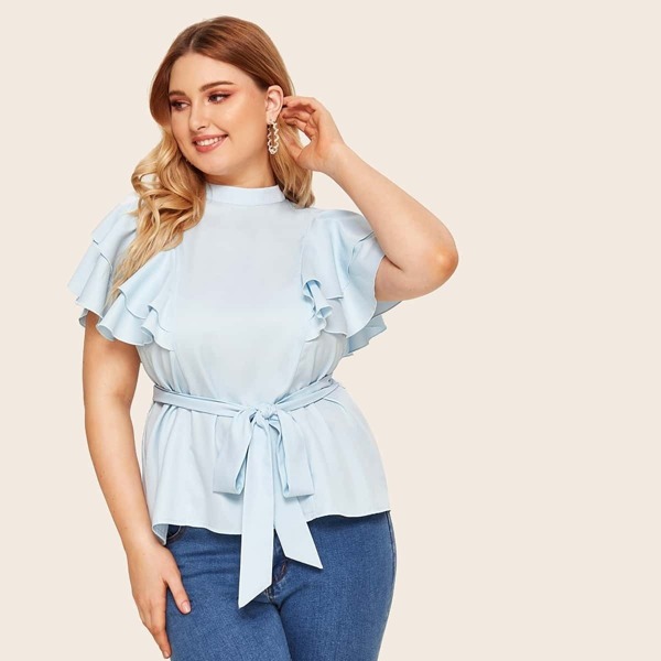 

Plus Mock-Neck Layered Butterfly Sleeve Belted Top, Blue pastel