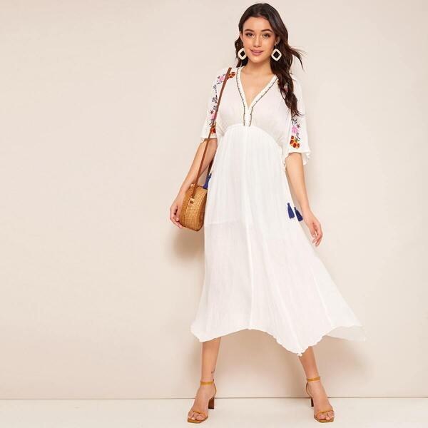 

V-neck Embroidery Floral Print High Waist Dress