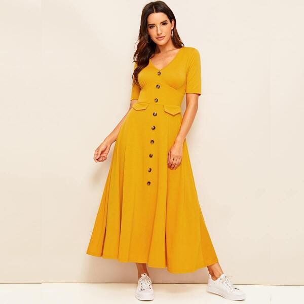 

Buttoned Corset Waist Fit and Flare Dress