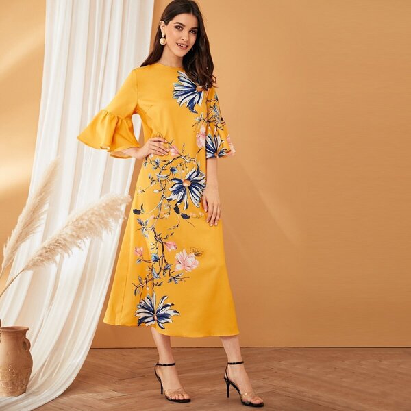 

Zip Back Flounce Sleeve Floral Print Dress, Yellow