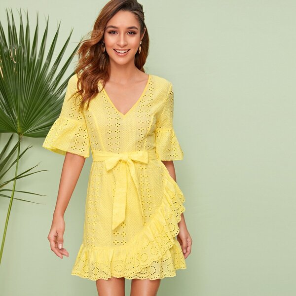 

Tie Back Belted Schiffy Dress With Wrap Skirt, Yellow