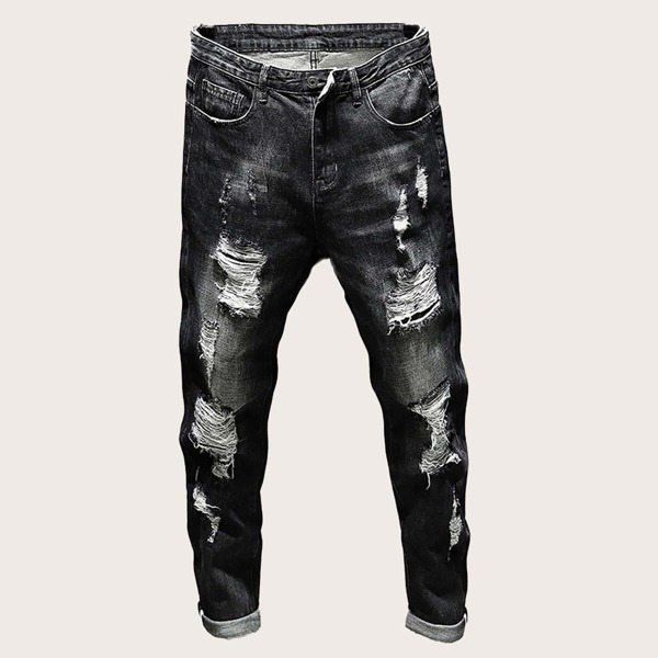 

Men Ripped Roll Up Hem Skinny Jeans