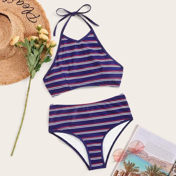 

Striped Halter Top With High Waist Bikini Set