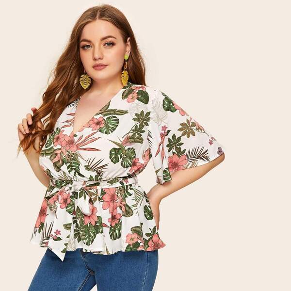 

Plus Tropical Floral Print Wrap Belted Blouse