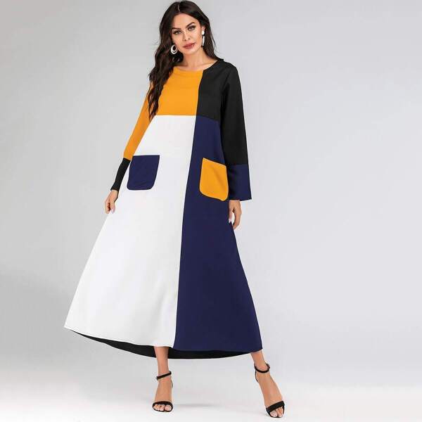 

Color Block Dual Pocket Front Spliced Maxi Dress