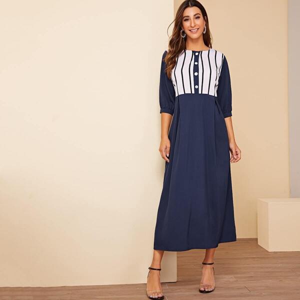 

Color Block Button Half Placket Maxi Dress