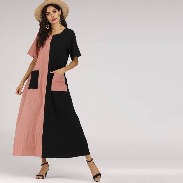 

Striped Dual Pocket Front Spliced Maxi Dress, Multicolor