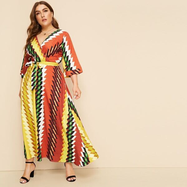 

Plus Surplice Neck Geo Print Belted Dress