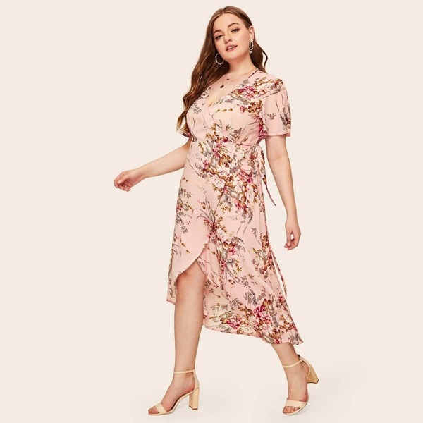 

Plus Floral Print Wrap Knotted Dress