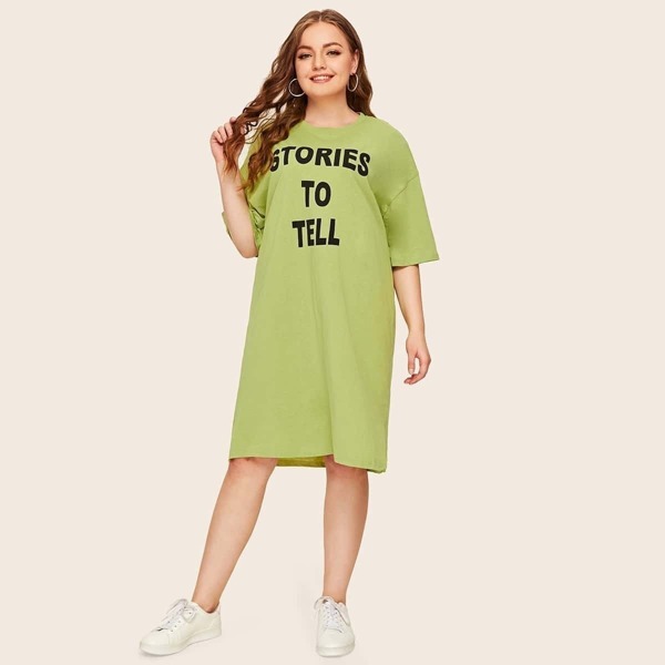 

Plus Drop Shoulder Slogan Print Slit Hem Dress
