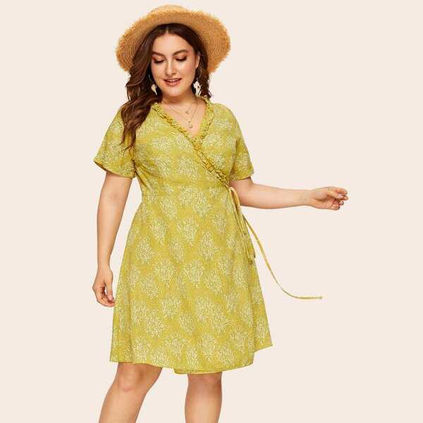 

Plus Ditsy Floral Print Frill Trim Wrap Knotted Dress