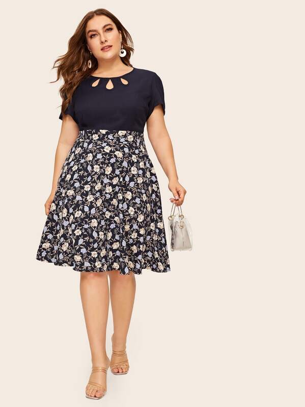 

Plus Keyhole Neckline Ditsy Floral Print Combo Dress, Multicolor, Franziska