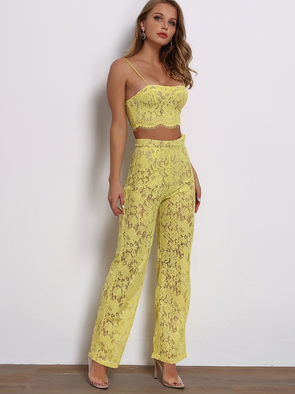 

Joyfunear Zip Back Lace Crop Cami & Straight Leg Pants Set, Yellow
