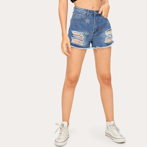 

Star Rhinestone Ripped Denim Shorts, Blue