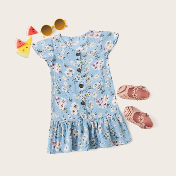 

Toddler Girls Ditsy Floral Button Through Peplum Blouse, Blue