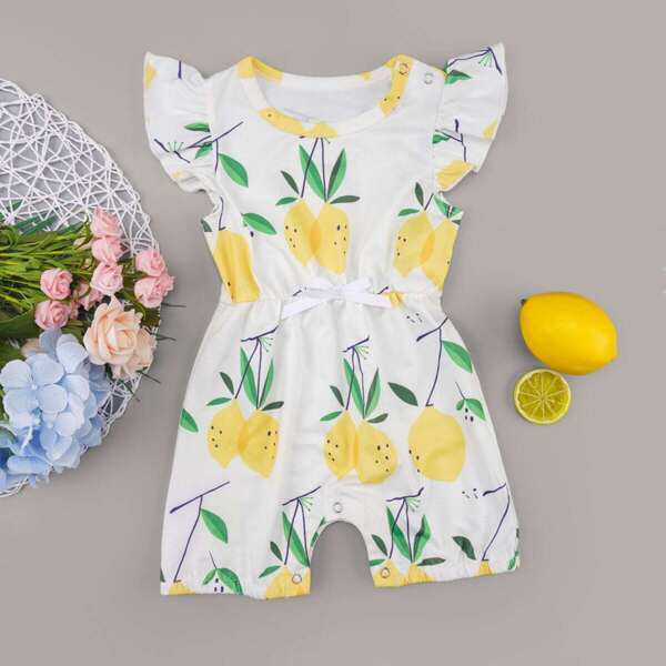 

Baby Girl Allover Lemon Print Bow Romper, White