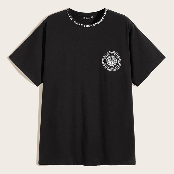 

Men Lettering Neck Animal Graphic Tee, Black