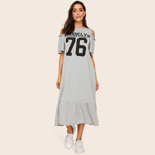

Cold Shoulder Frilled Varsity Print Tee Dress, Grey