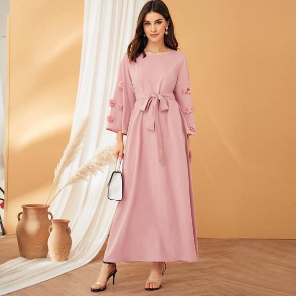 

3D Applique Belted Maxi Dress, Pink