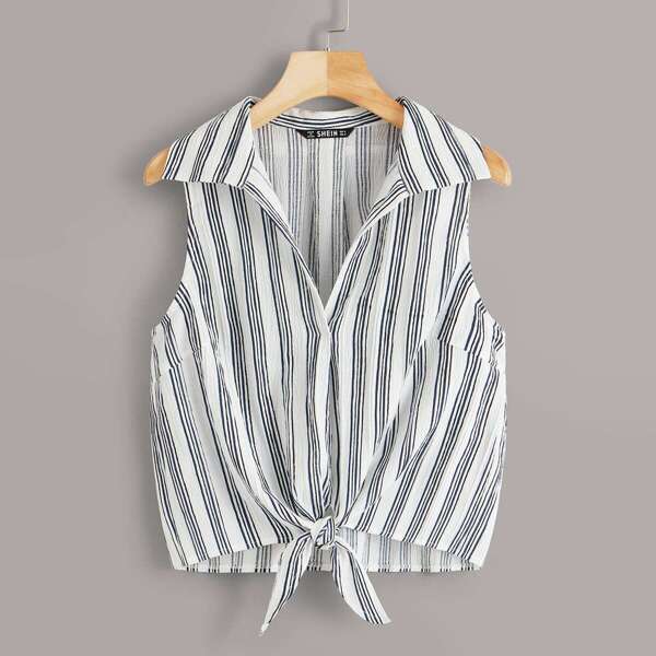 

Tie Hem Striped Crinkle Blouse