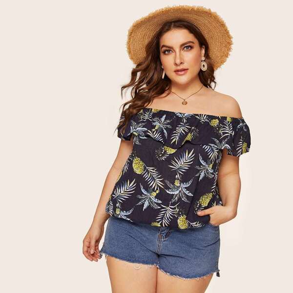 

Plus Pineapple Print Ruffle Trim Off Shoulder Blouse
