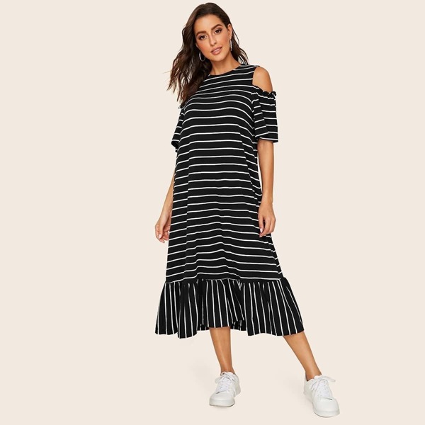 

Cold Shoulder Striped Flounce Hem Dress, Black