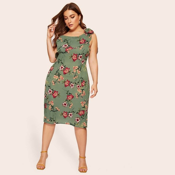 

Plus Large Floral Print Ruffle Trim Asymmetrical Neck Dress, Multicolor