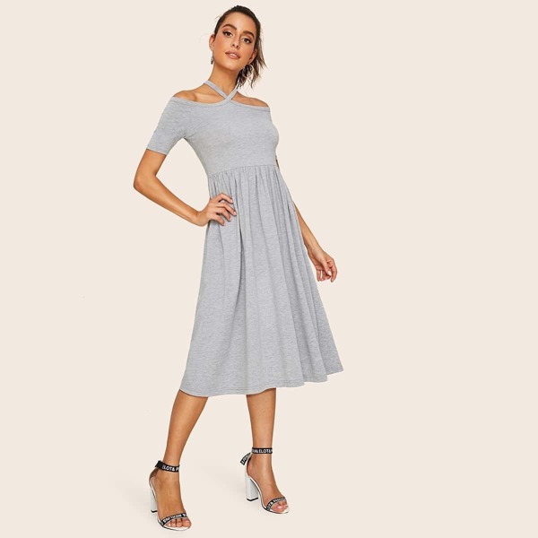 

Slub Knit Halterneck Tee Dress, Grey