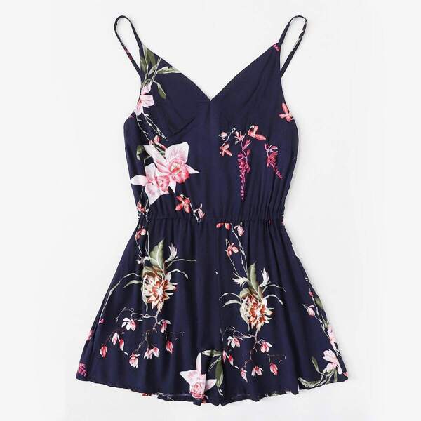 

Plus Large Floral Print Cami Playsuit, Navy