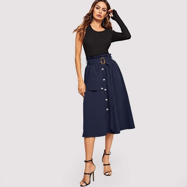 

Button Front Belted Paperbag Utility Skirt