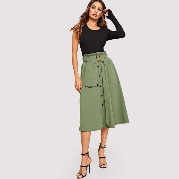 

Button Front Belted Paperbag Utility Skirt