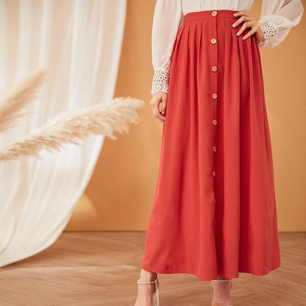 

Button Fly Fold Pleated Maxi Skirt, Red