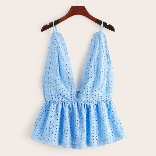 

Eyelet Embroidery Deep V Neck Peplum Cami Top, Blue