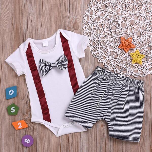

Toddler Boys Bow Front Jumpsuit & Stripe Shorts