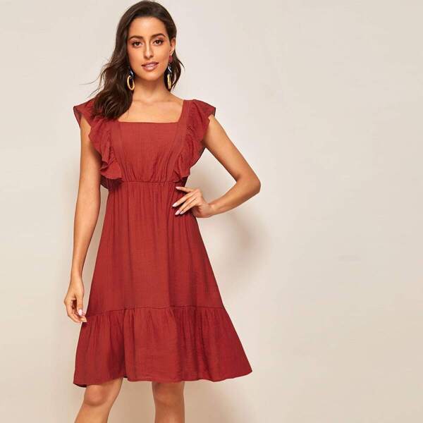 

V-back Ruffle Trim Solid Dress