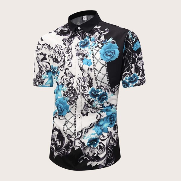 

Men Scroll & Floral Print Curved Hem Shirt