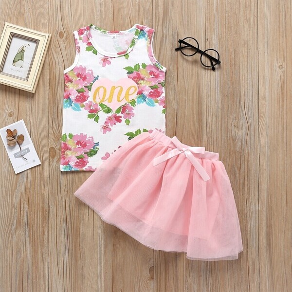 

Toddler Girls Floral Print Tank Top & Mesh Skirt