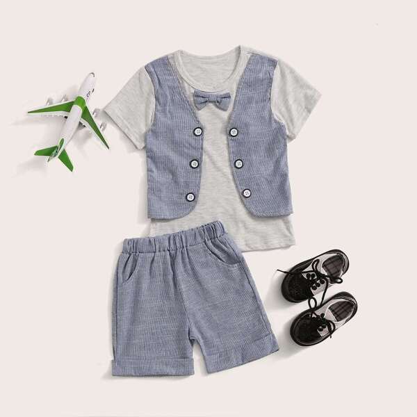 

Toddler Boys Bow Neck 2 In 1 Top With Striped Shorts, Multicolor