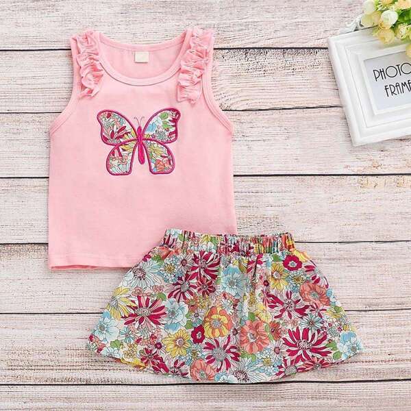 

Toddler Girls Floral Print Embroidery Tank Top With Skirt, Multicolor