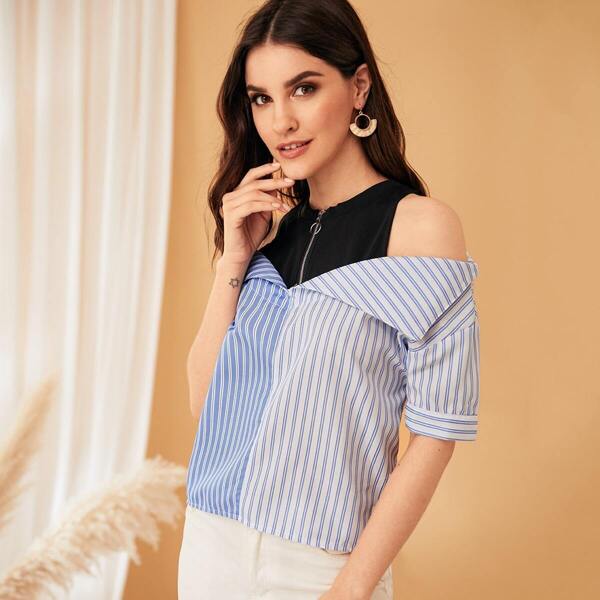 

Striped Cold Shoulder Zip Half Placket Blouse