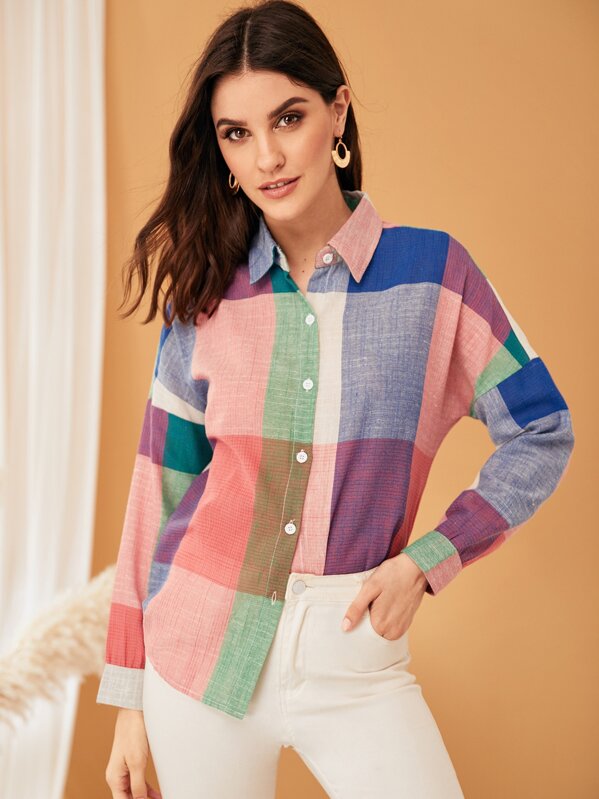 

Drop Shoulder Colorblock Curved Hem Blouse, Multicolor, Vikie