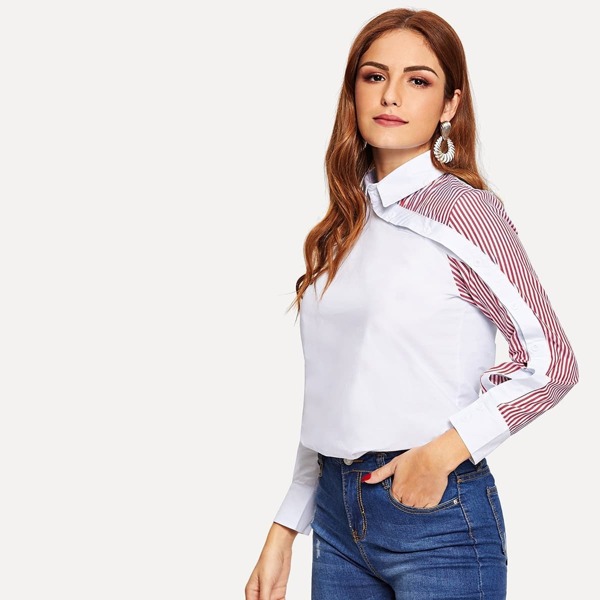 

Striped Button Trim Front Shirt, White