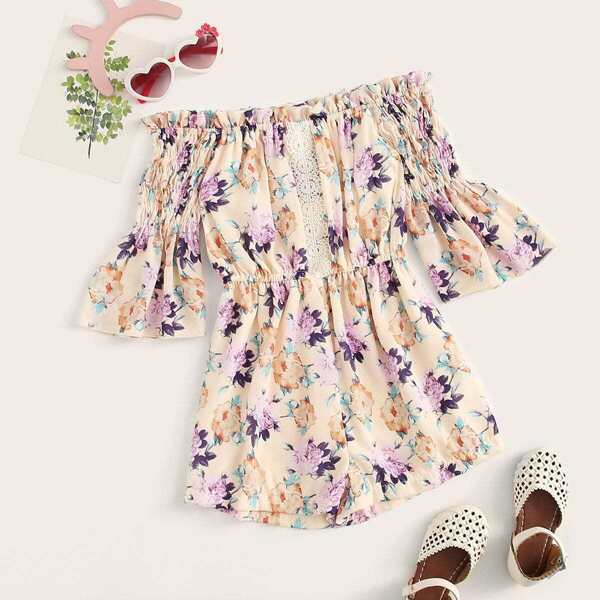 

Toddler Girls Floral Print Lace Panel Shirred Off Shoulder Playsuit, Multicolor