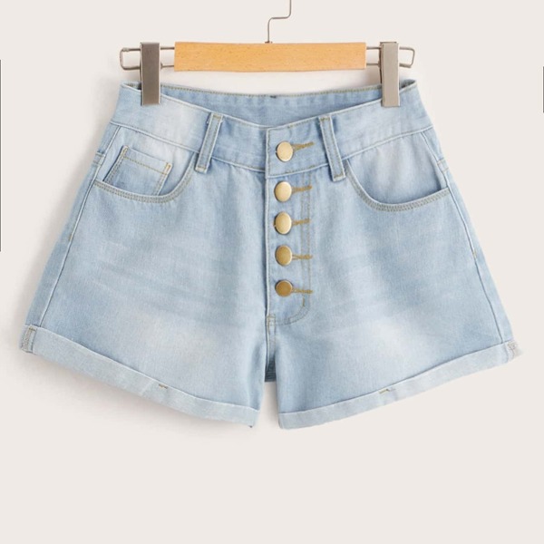 

Plus Button Through Rolled Hem Denim Shorts