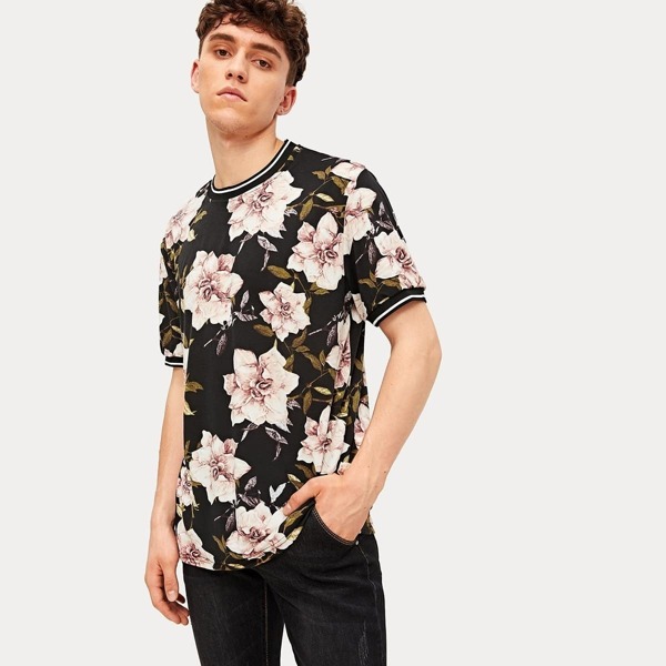 

Men Flower Print Stripe Cuff & Neck Tee