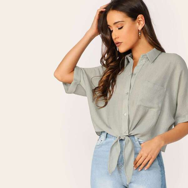 

Pocket Patched Knot Hem Shirt, Green