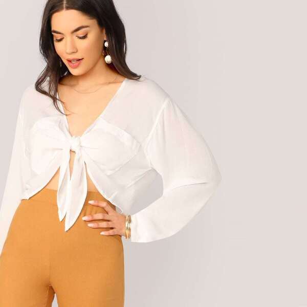 

Knot Front Pocket Patched Top