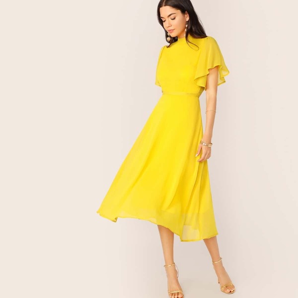 

Flutter Sleeve Frill Trim Tie Back Solid Dress, Yellow bright
