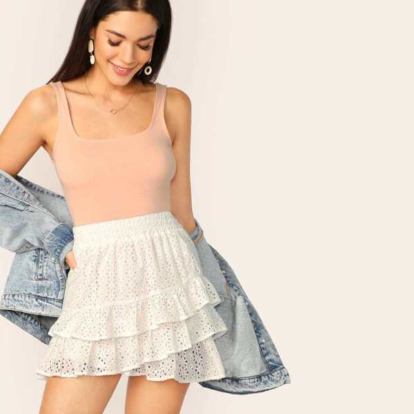 

Shirred Wide Waistband Layered Schiffy Skirt, White