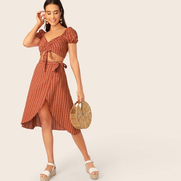 

Drawstring Front Striped Crop Top & Wrap Knotted Skirt Set, Brown